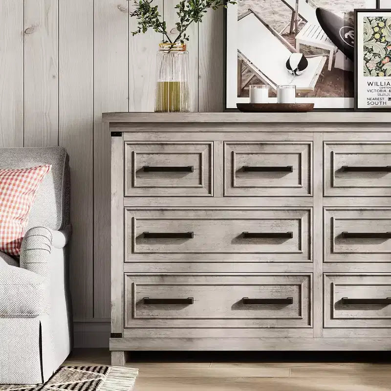 Farmhouse 8 Drawer Dresser, Rustic Wood Chest Organizer for Bedroom, Closet, Living Room, Hallway