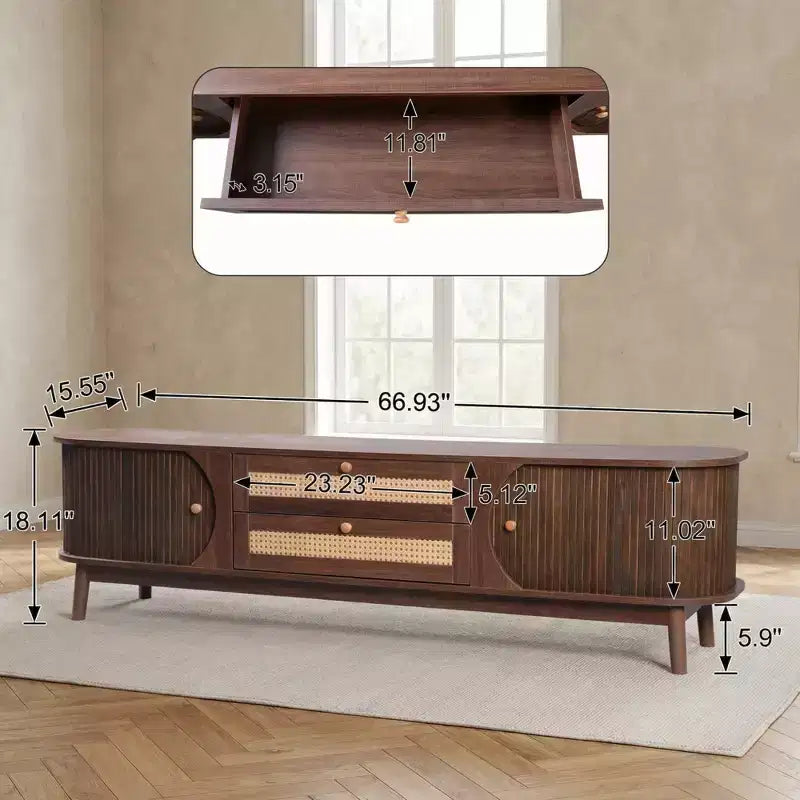 67" Modern Farmhouse Style Rattan TV Stand for 75" or Smaller TVs, Solid Wood Legs Entertainment Center, Walnut