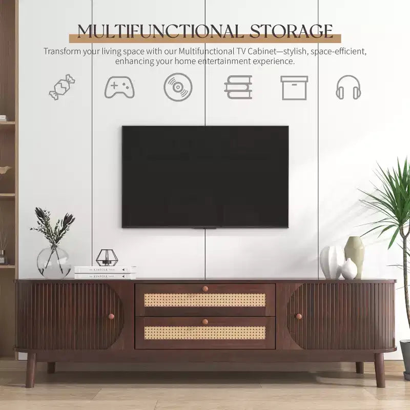 67" Modern Farmhouse Style Rattan TV Stand for 75" or Smaller TVs, Solid Wood Legs Entertainment Center, Walnut