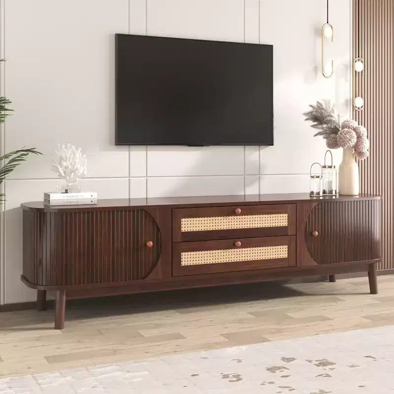 67" Modern Farmhouse Style Rattan TV Stand for 75" or Smaller TVs, Solid Wood Legs Entertainment Center, Walnut