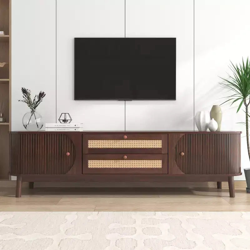67" Modern Farmhouse Style Rattan TV Stand for 75" or Smaller TVs, Solid Wood Legs Entertainment Center, Walnut