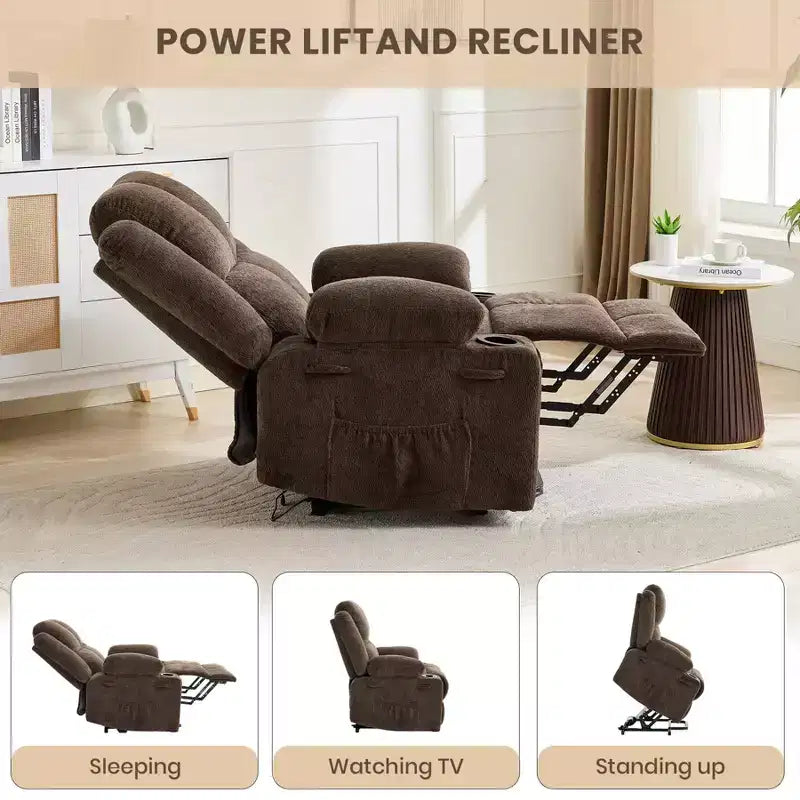 Power Lift Recliner Chair for Elderly, Oversized Electric Recliner with Massage, Heat, Lay Flat, Stand Assist, 2 Cup Holders