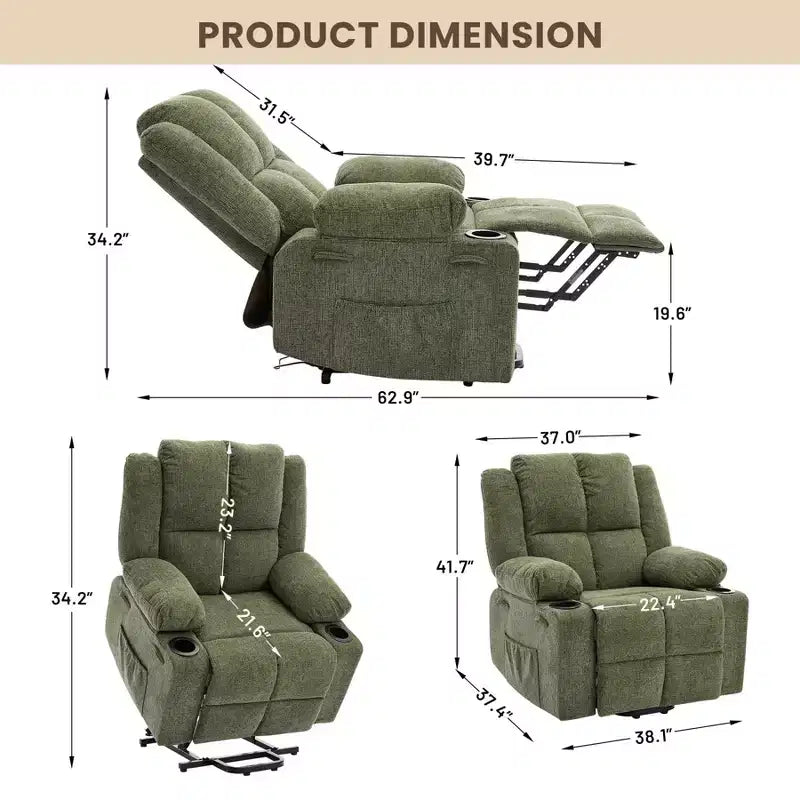 Power Lift Recliner Chair for Elderly, Oversized Electric Recliner with Massage, Heat, Lay Flat, Stand Assist, 2 Cup Holders