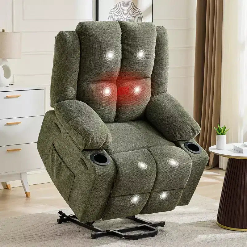 Power Lift Recliner Chair for Elderly, Oversized Electric Recliner with Massage, Heat, Lay Flat, Stand Assist, 2 Cup Holders