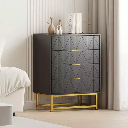 4 Drawer Wooden Bedroom Chest Cabinet, Chest of Drawers with Metal Legs & Gold Handle, for Bedroom, Living Room, Hallway, Entryway
