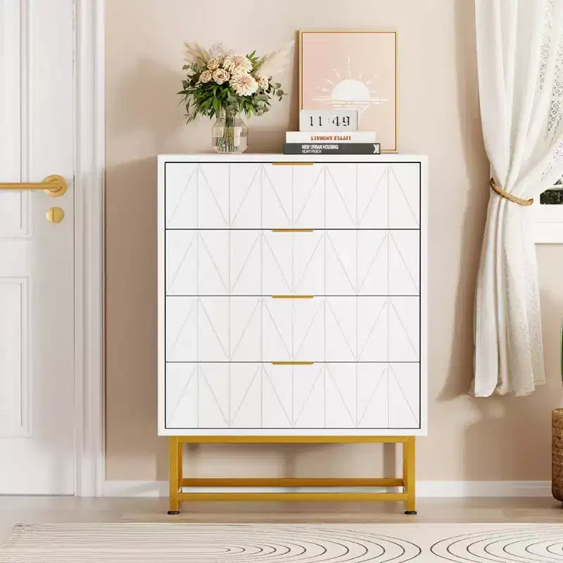 4 Drawer Wooden Bedroom Chest Cabinet, Chest of Drawers with Metal Legs & Gold Handle, for Bedroom, Living Room, Hallway, Entryway