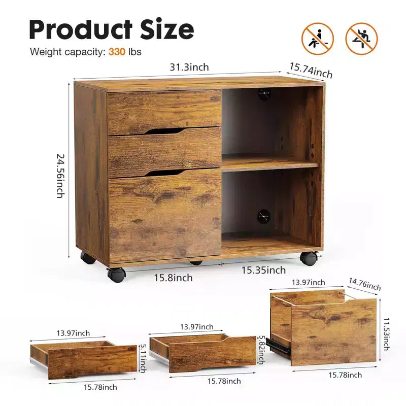 Modern 3-Layer Mobile Filing Cabinet with Wooden Drawers & Wheels, Lateral Storage File Cabinet for Home Office, Study