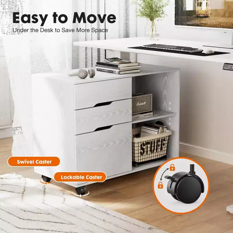 Modern 3-Layer Mobile Filing Cabinet with Wooden Drawers & Wheels, Lateral Storage File Cabinet for Home Office, Study