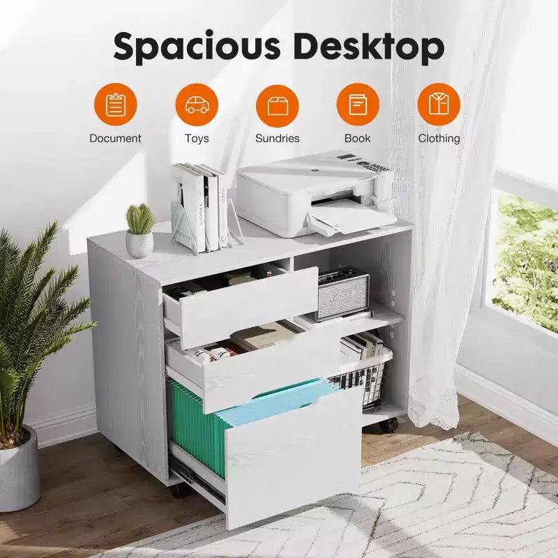 Modern 3-Layer Mobile Filing Cabinet with Wooden Drawers & Wheels, Lateral Storage File Cabinet for Home Office, Study