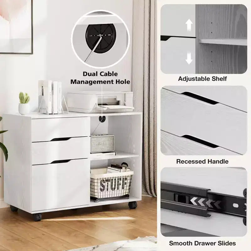 Modern 3-Layer Mobile Filing Cabinet with Wooden Drawers & Wheels, Lateral Storage File Cabinet for Home Office, Study