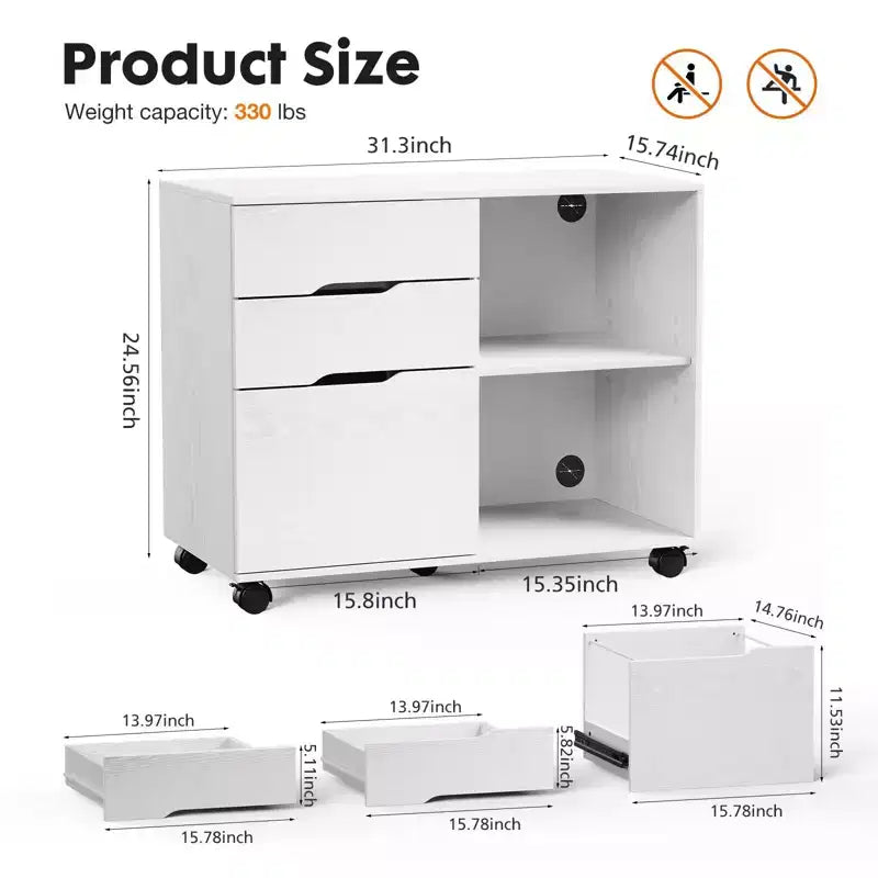 Modern 3-Layer Mobile Filing Cabinet with Wooden Drawers & Wheels, Lateral Storage File Cabinet for Home Office, Study