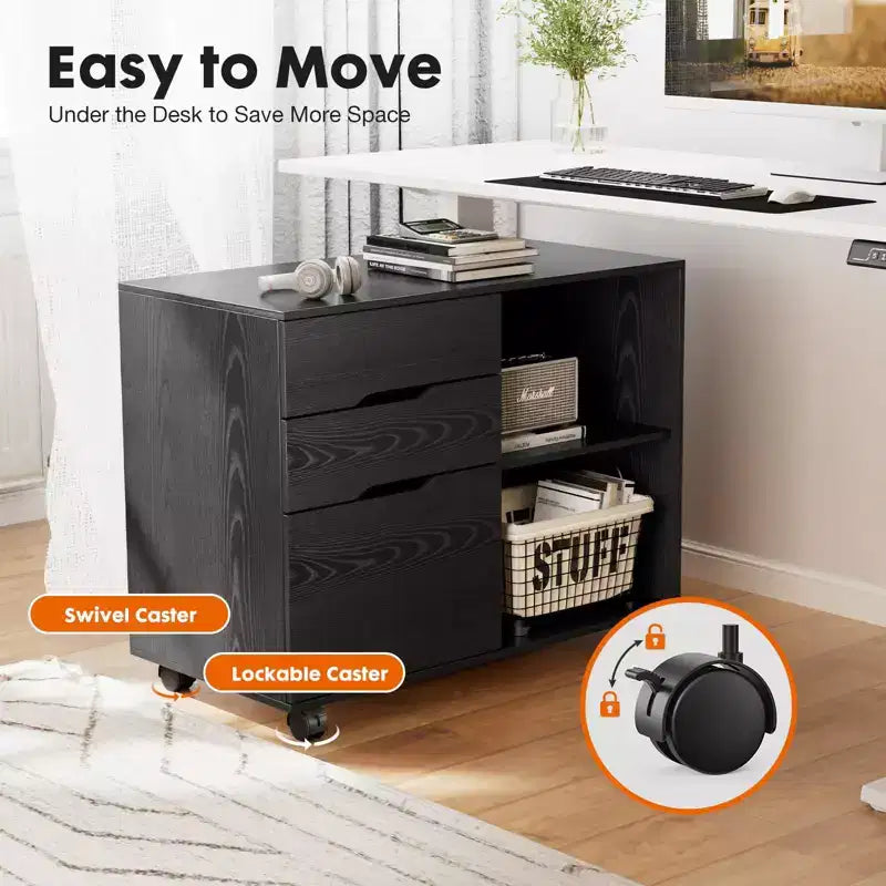 Modern 3-Layer Mobile Filing Cabinet with Wooden Drawers & Wheels, Lateral Storage File Cabinet for Home Office, Study