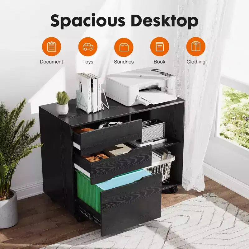 Modern 3-Layer Mobile Filing Cabinet with Wooden Drawers & Wheels, Lateral Storage File Cabinet for Home Office, Study