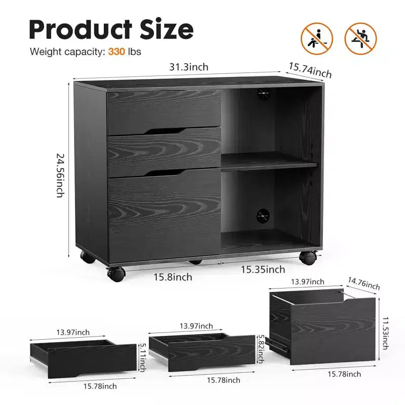 Modern 3-Layer Mobile Filing Cabinet with Wooden Drawers & Wheels, Lateral Storage File Cabinet for Home Office, Study