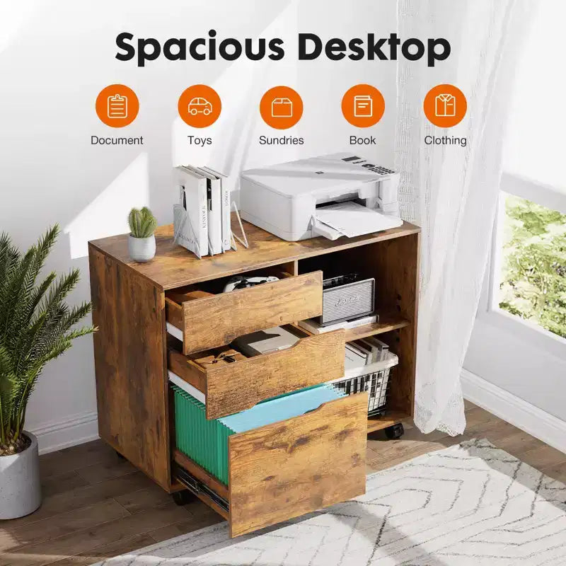 Modern 3-Layer Mobile Filing Cabinet with Wooden Drawers & Wheels, Lateral Storage File Cabinet for Home Office, Study