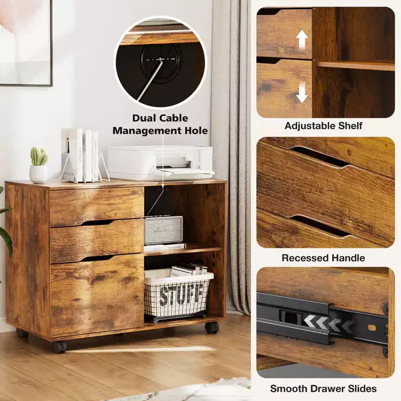 Modern 3-Layer Mobile Filing Cabinet with Wooden Drawers & Wheels, Lateral Storage File Cabinet for Home Office, Study