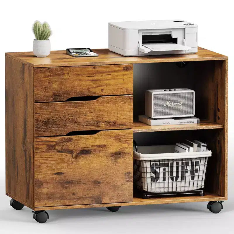 Modern 3-Layer Mobile Filing Cabinet with Wooden Drawers & Wheels, Lateral Storage File Cabinet for Home Office, Study