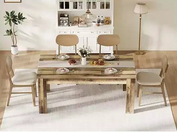 brownDining Table for 6-8, 71 Rectangular Farmhouse Kitchen Table, Wooden Dining Room Table with Reinforced Support Base & Triangle Legs