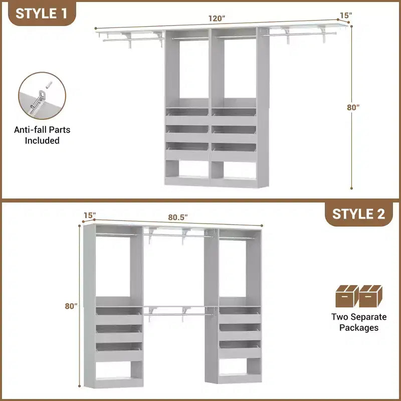 Set of Two 80-120" Closet System with Door and Wooden Drawers
