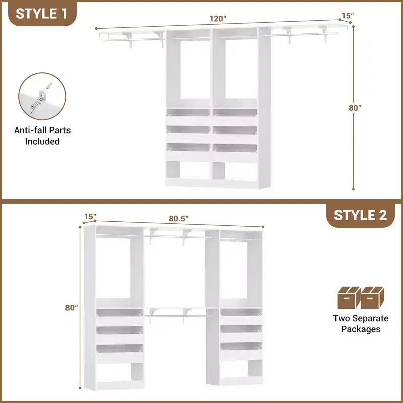 Set of Two 80-120" Closet System with Door and Wooden Drawers