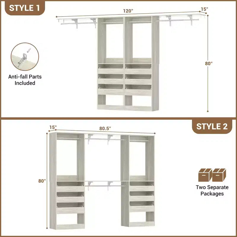 Set of Two 80-120" Closet System with Door and Wooden Drawers