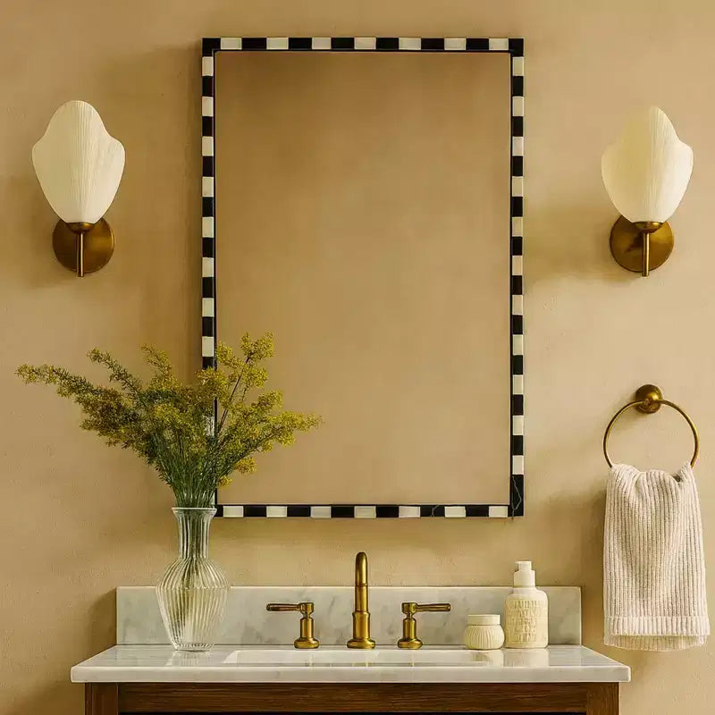 Decorative Marble Rectangular Wall Mirror in Bold Black and White Checkerboard Pattern 20 x 30", Perfect for Bathroom, Entryway