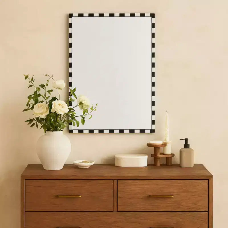 Decorative Marble Rectangular Wall Mirror in Bold Black and White Checkerboard Pattern 20 x 30", Perfect for Bathroom, Entryway