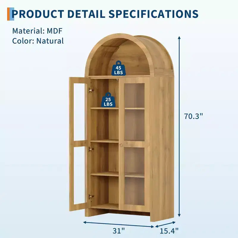 70 Tall Arched Pantry Cabinet with Acrylic Doors  5-Tier Adjustable Shelf Wooden Storage Cabinet, Modern Bookshelf for Kitchen, Dining & Living Room