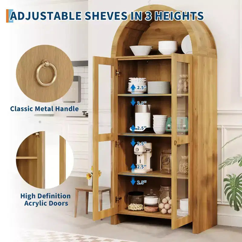 70 Tall Arched Pantry Cabinet with Acrylic Doors  5-Tier Adjustable Shelf Wooden Storage Cabinet, Modern Bookshelf for Kitchen, Dining & Living Room
