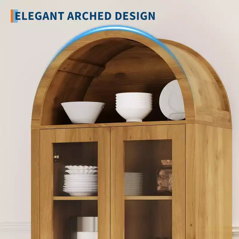 70 Tall Arched Pantry Cabinet with Acrylic Doors  5-Tier Adjustable Shelf Wooden Storage Cabinet, Modern Bookshelf for Kitchen, Dining & Living Room