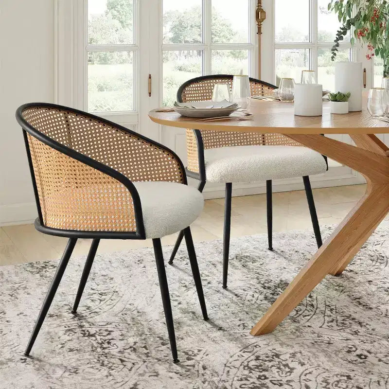 Dining Room Chairs Set of 2, Modern Upholstered Armchair with Rattan Woven Back & Black Metal Legs