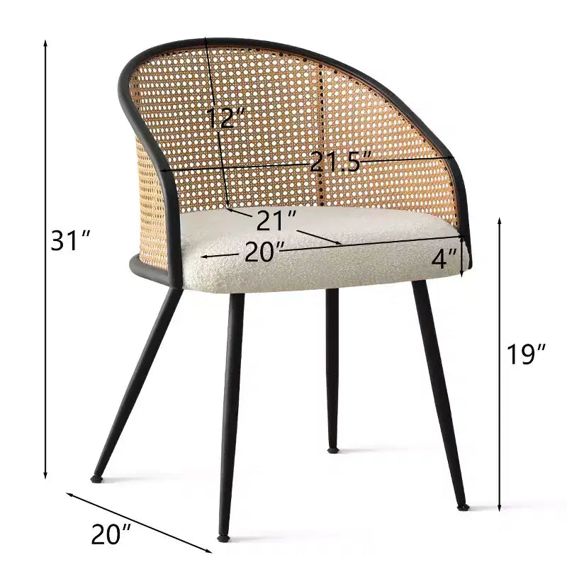 Dining Room Chairs Set of 2, Modern Upholstered Armchair with Rattan Woven Back & Black Metal Legs
