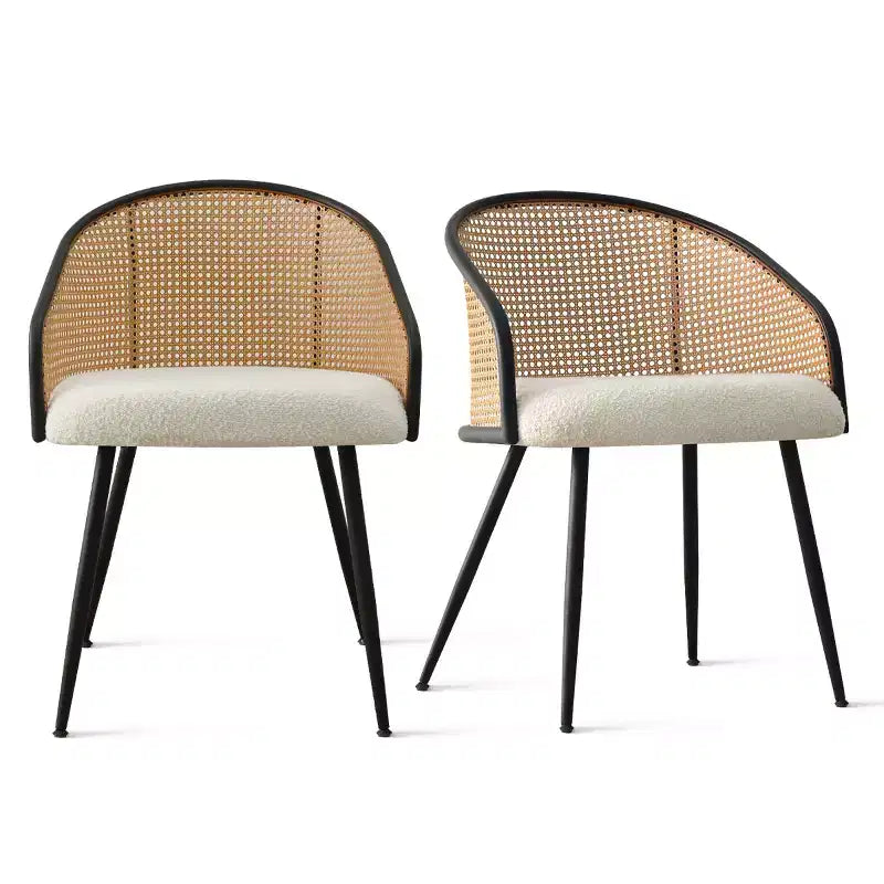 Dining Room Chairs Set of 2, Modern Upholstered Armchair with Rattan Woven Back & Black Metal Legs