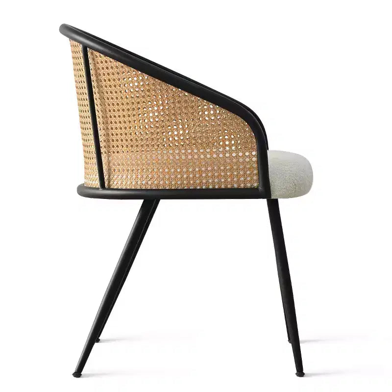 Dining Room Chairs Set of 2, Modern Upholstered Armchair with Rattan Woven Back & Black Metal Legs