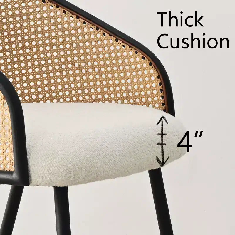 Dining Room Chairs Set of 2, Modern Upholstered Armchair with Rattan Woven Back & Black Metal Legs