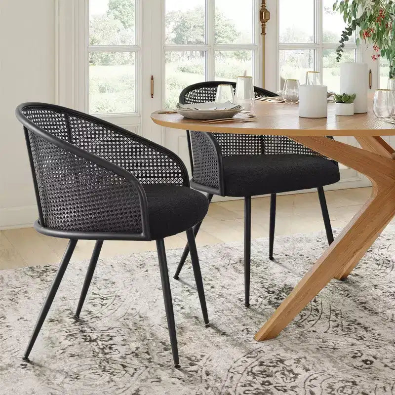 Dining Room Chairs Set of 2, Modern Upholstered Armchair with Rattan Woven Back & Black Metal Legs