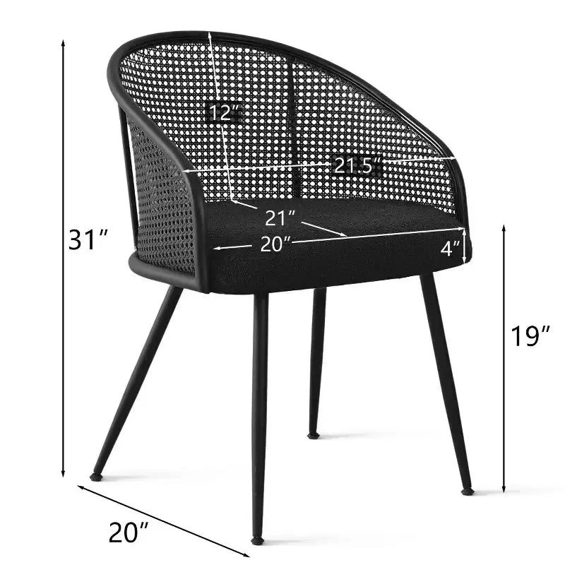 Dining Room Chairs Set of 2, Modern Upholstered Armchair with Rattan Woven Back & Black Metal Legs
