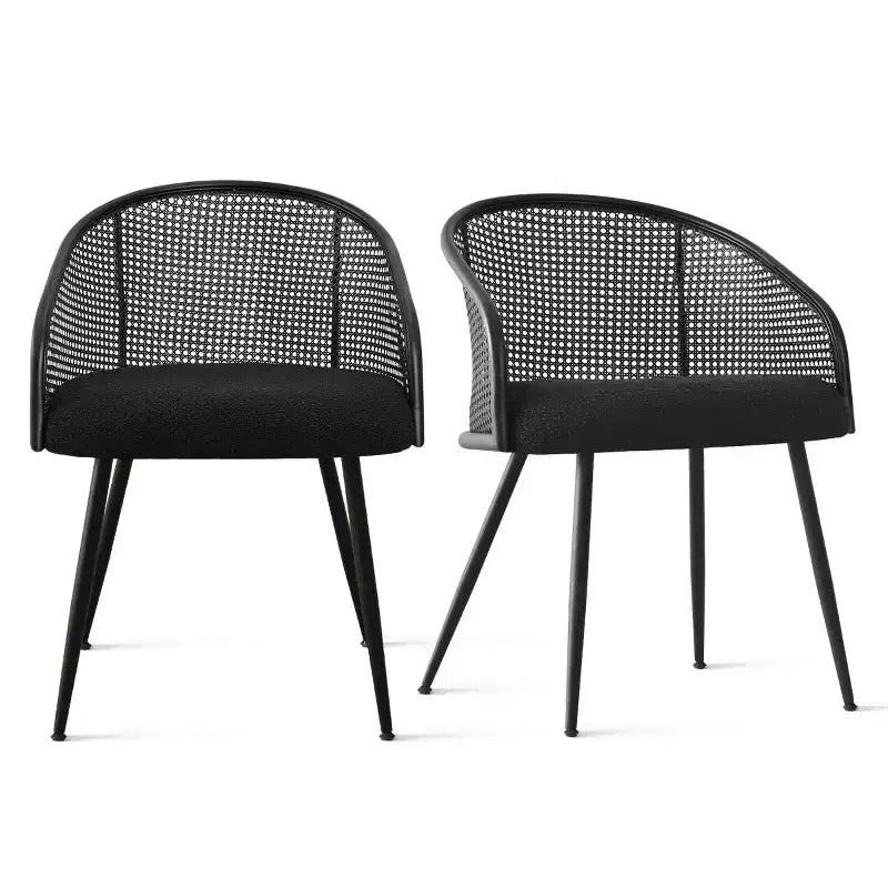 Dining Room Chairs Set of 2, Modern Upholstered Armchair with Rattan Woven Back & Black Metal Legs