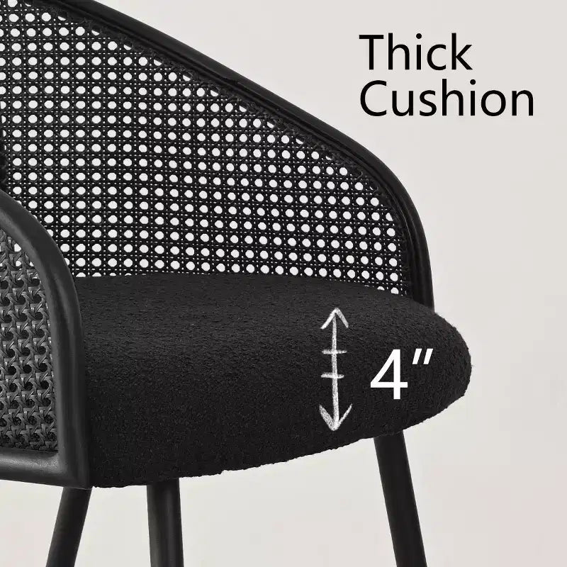 Dining Room Chairs Set of 2, Modern Upholstered Armchair with Rattan Woven Back & Black Metal Legs