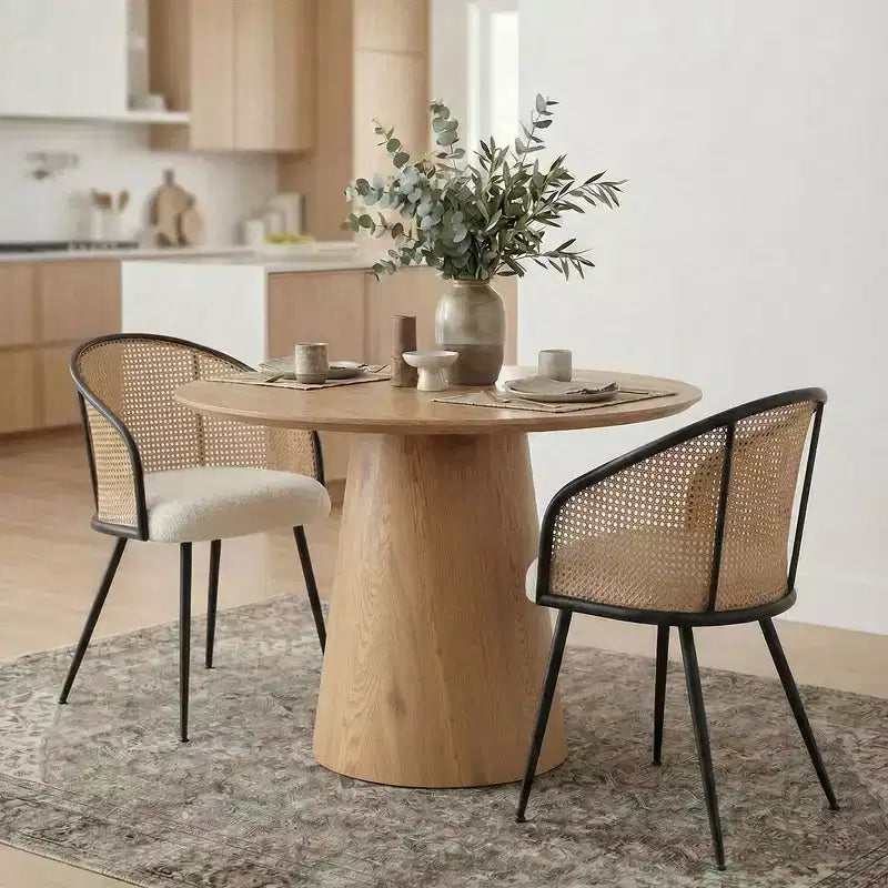 Dining Room Chairs Set of 2, Modern Upholstered Armchair with Rattan Woven Back & Black Metal Legs