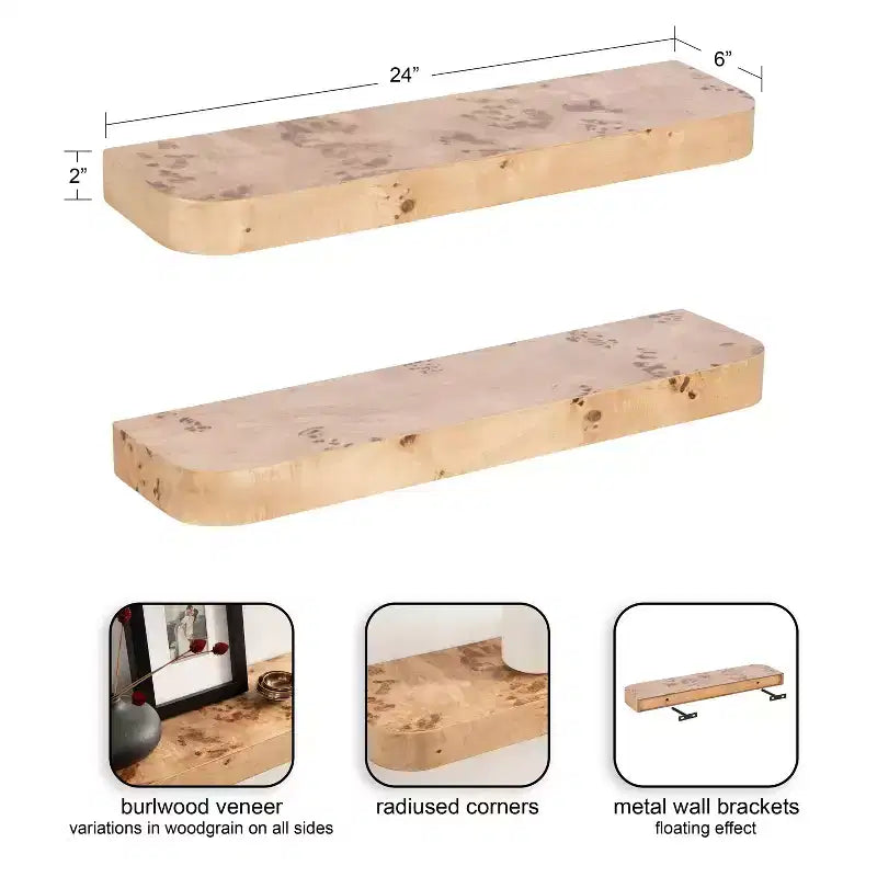 Floating Wall Shelves, Natural Burlwood, 2 Piece 24 Inch