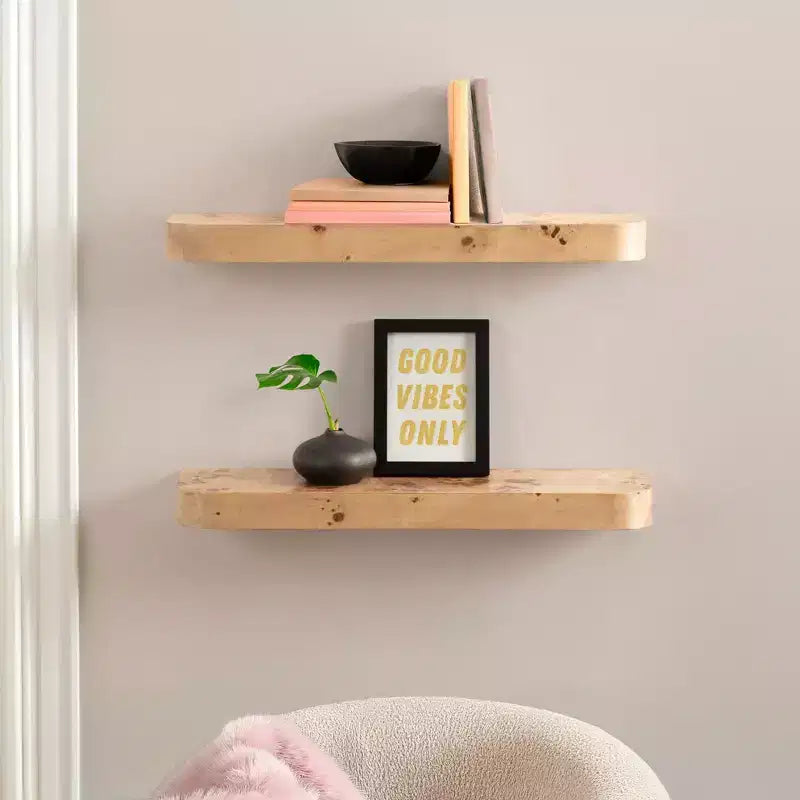 Floating Wall Shelves, Natural Burlwood, 2 Piece 24 Inch