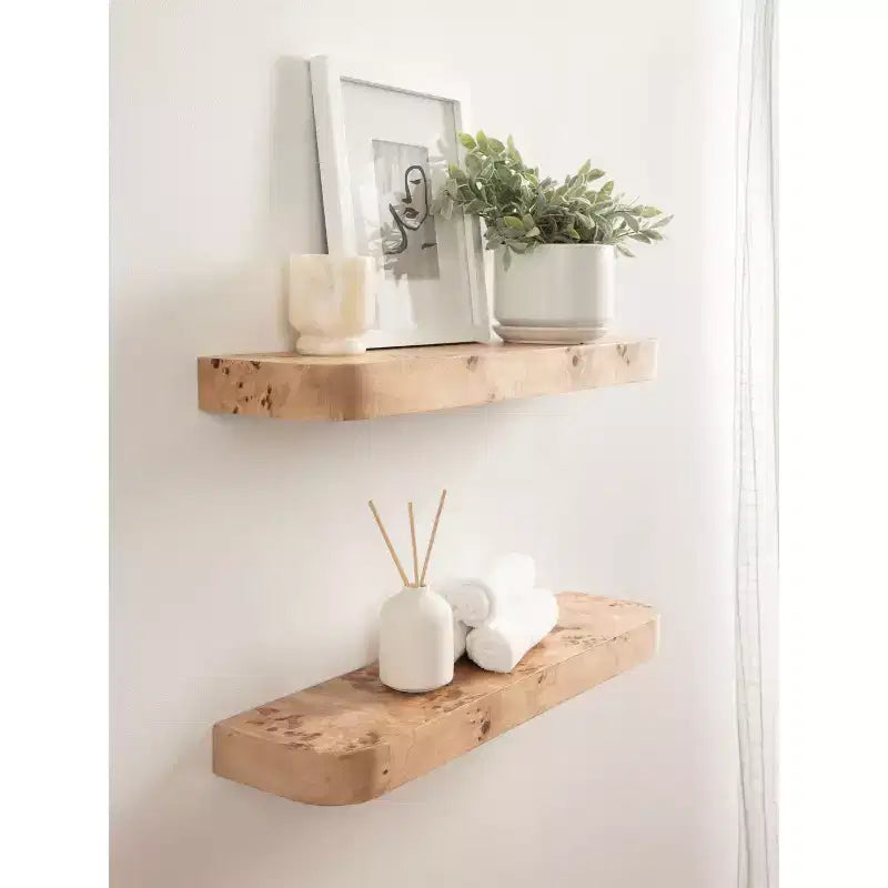 Floating Wall Shelves, Natural Burlwood, 2 Piece 24 Inch