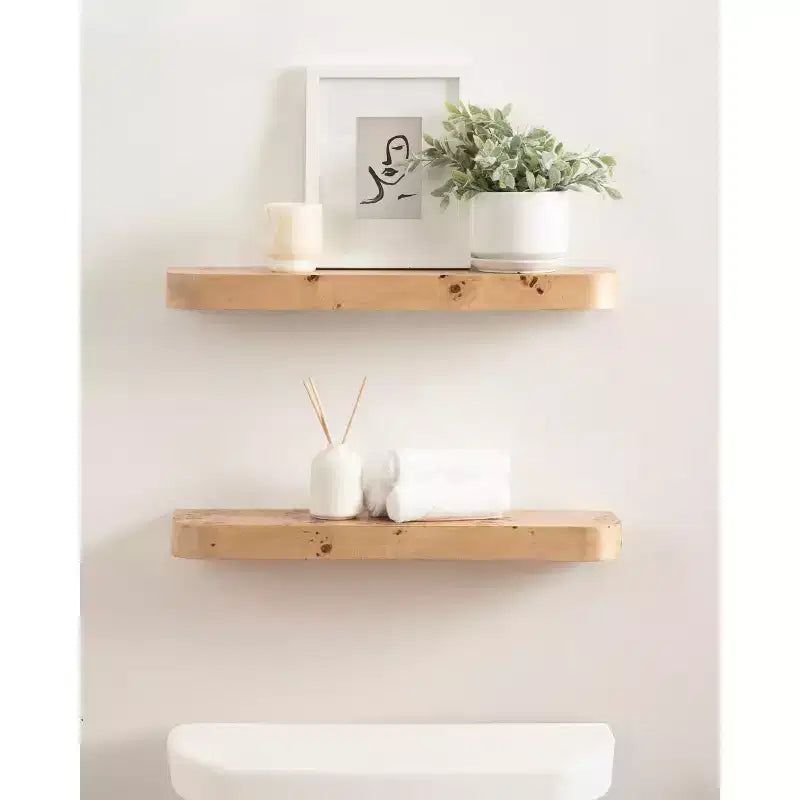 Floating Wall Shelves, Natural Burlwood, 2 Piece 24 Inch