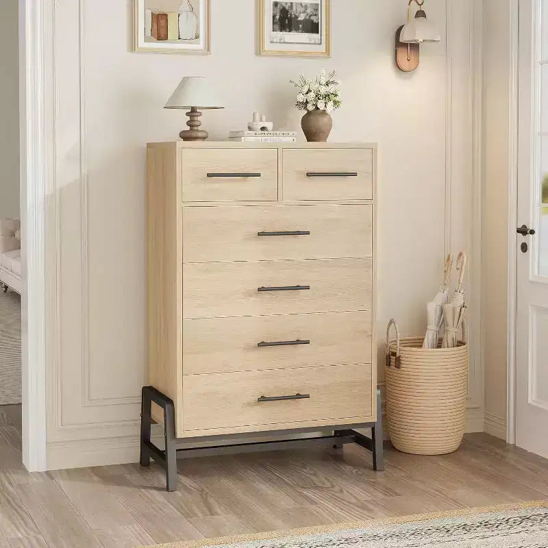 6 Drawer Dresser, Tall Storage Cabinet with Modern Angled Legs for Bedroom or Living Room, 46.6"
