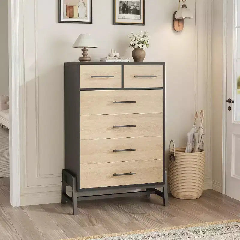 6 Drawer Dresser, Tall Storage Cabinet with Modern Angled Legs for Bedroom or Living Room, 46.6"