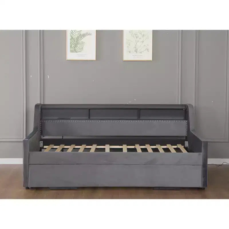 Twin Upholstered Daybed with Trundle, Storage Headboard, Charging Station & LED, Sofa Bed, Dark Grey