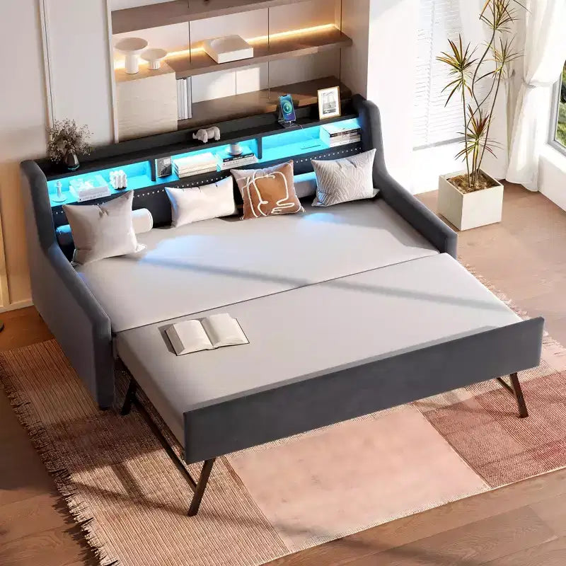 Twin Upholstered Daybed with Trundle, Storage Headboard, Charging Station & LED, Sofa Bed, Dark Grey
