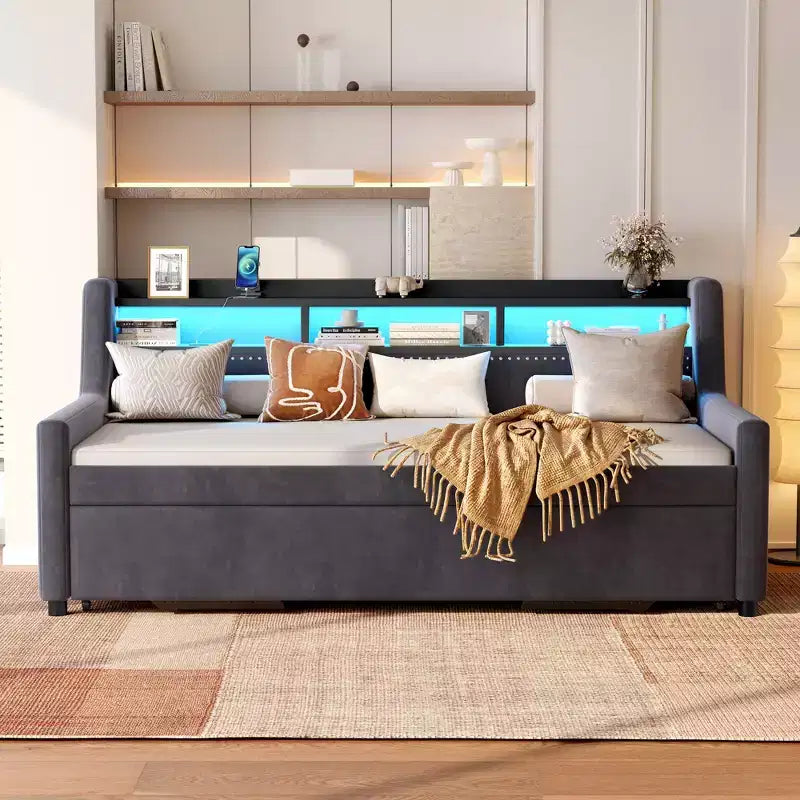 Twin Upholstered Daybed with Trundle, Storage Headboard, Charging Station & LED, Sofa Bed, Dark Grey