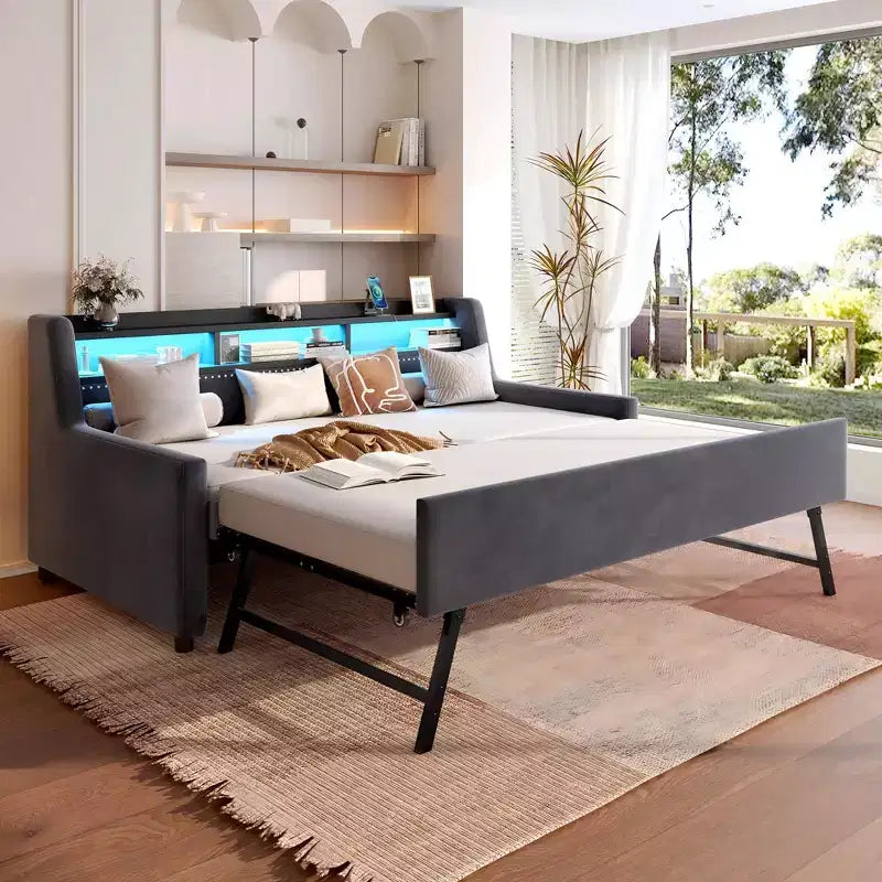 Twin Upholstered Daybed with Trundle, Storage Headboard, Charging Station & LED, Sofa Bed, Dark Grey